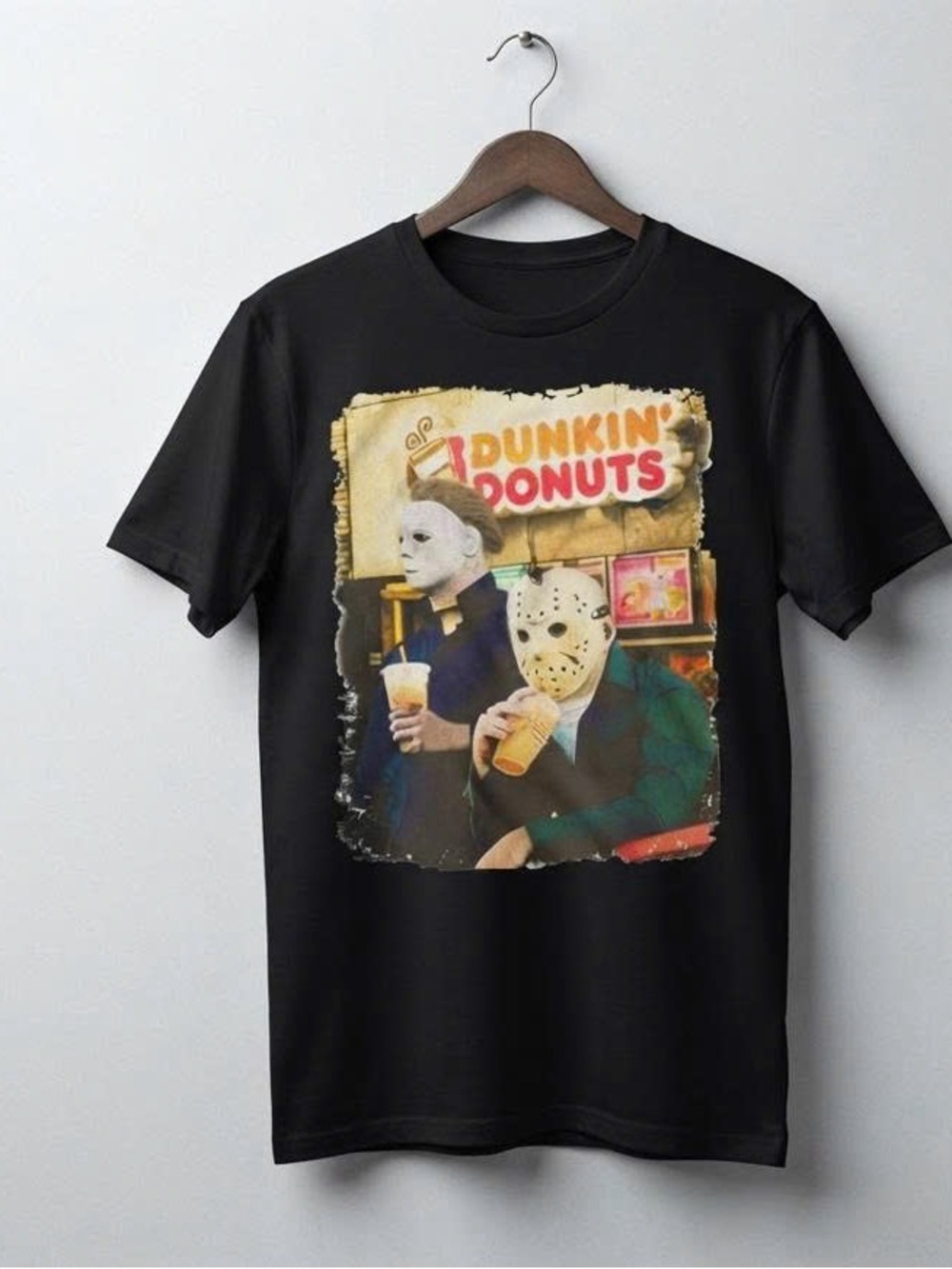 Black Short-Sleeve Tee with Colorful Horror Donut Graphic